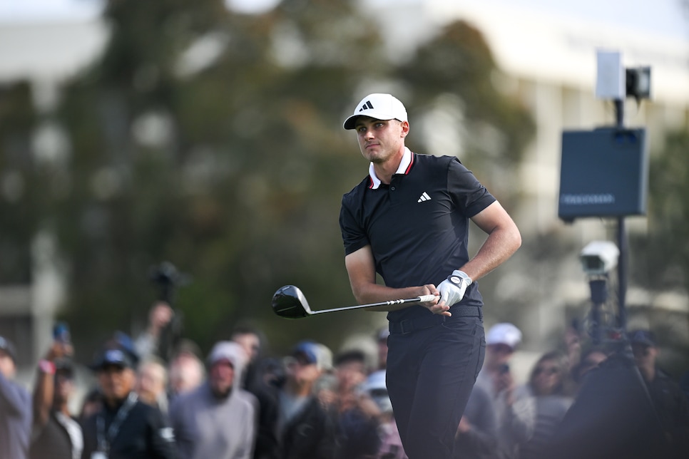 SAN DIEGO, CALIFORNIA - FEBRUARY 16: Ludvig Ãberg of Sweden hits a tee shot on the 18th hole during the final round of The Genesis Invitational at Torrey Pines Golf Course on February 16, 2025 in San Diego, California. (Photo by Ben Jared/PGA TOUR via Getty Images)
